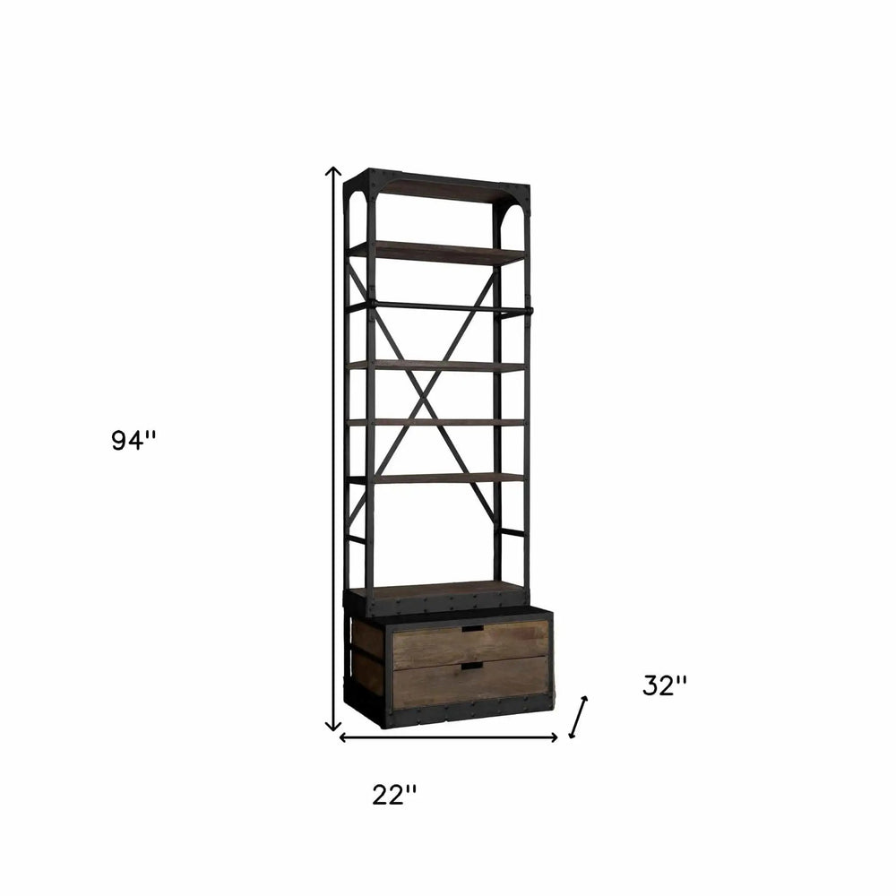 94" Black Distressed Iron and Solid Wood Five Tier Bookcase with Two Drawers - Homeroots