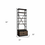 94" Black Distressed Iron and Solid Wood Five Tier Bookcase with Two Drawers - Homeroots