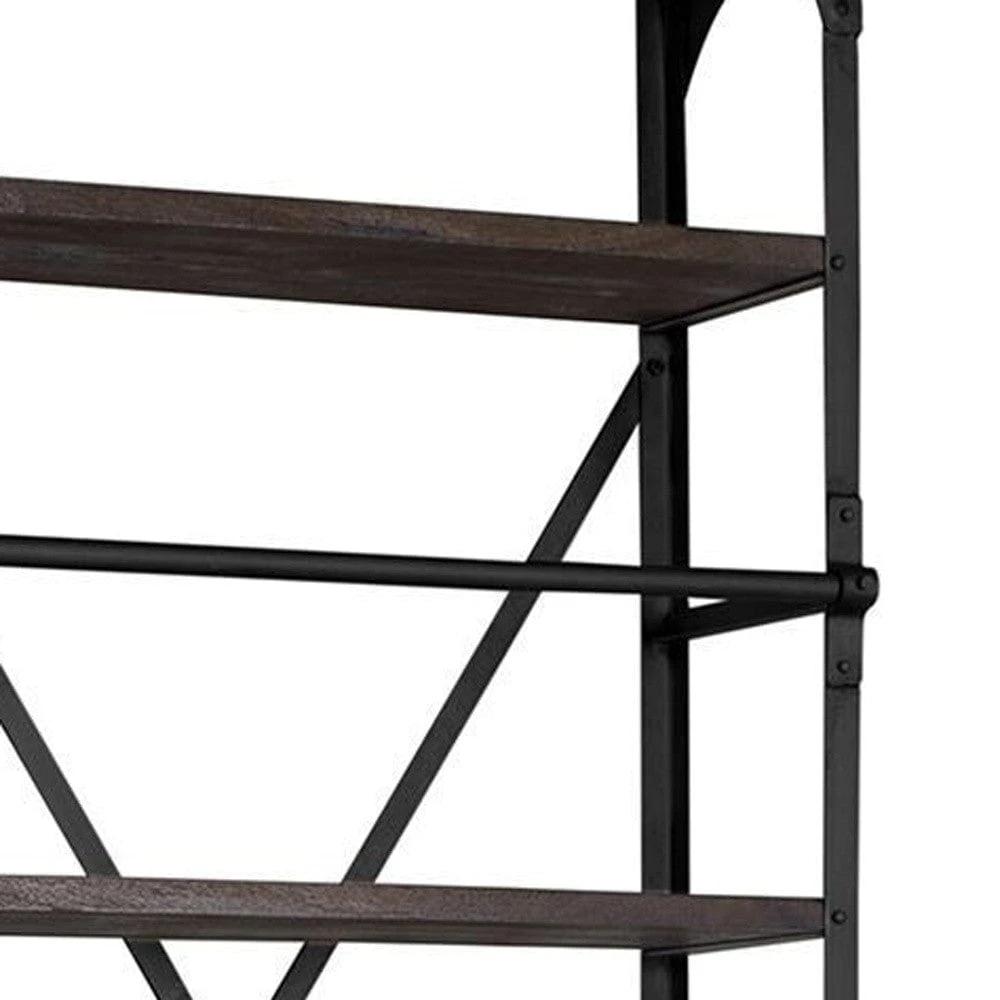 94" Black Distressed Iron and Solid Wood Five Tier Bookcase with Two Drawers - Homeroots