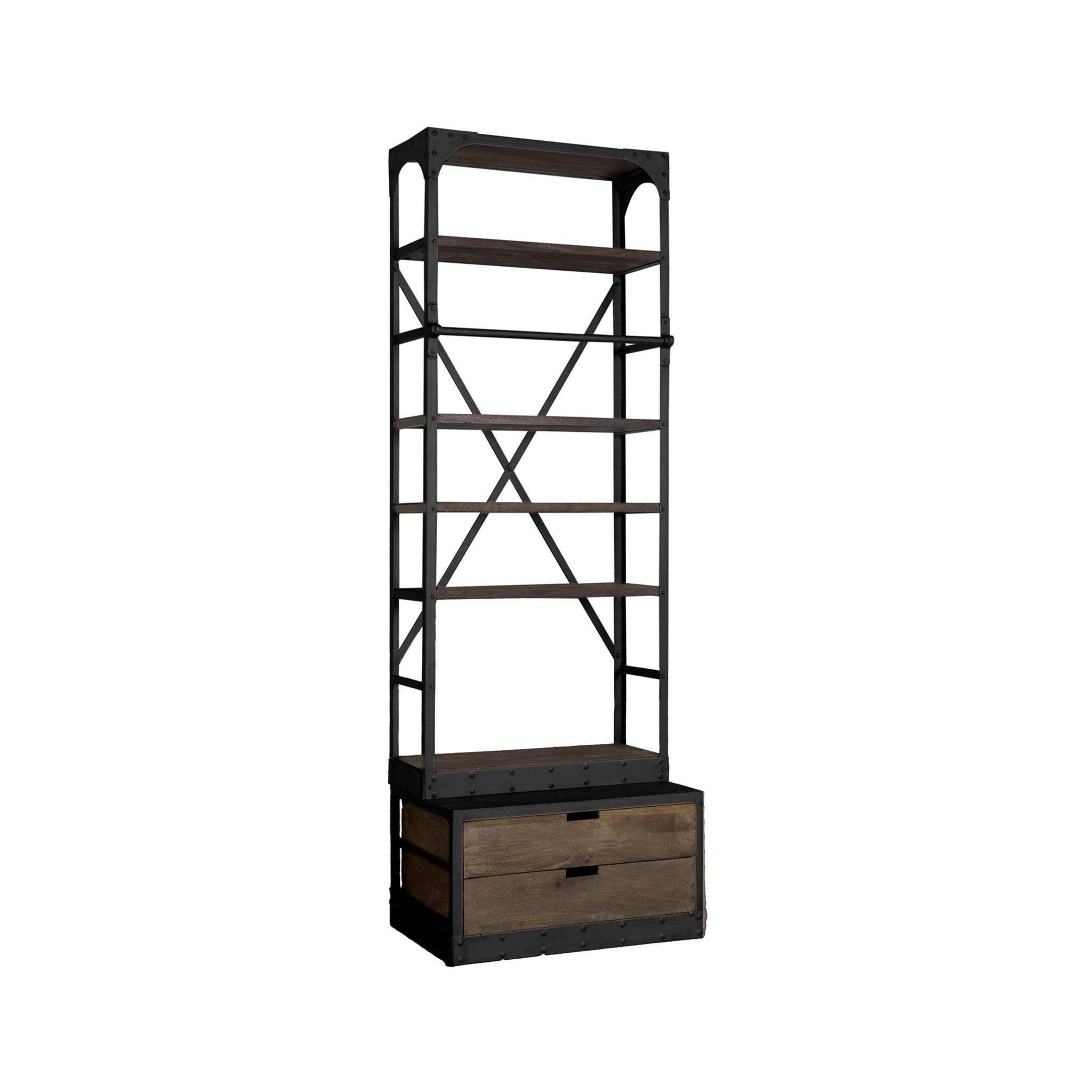 94" Black Distressed Iron and Solid Wood Five Tier Bookcase with Two Drawers - Homeroots - Flyclothing LLC