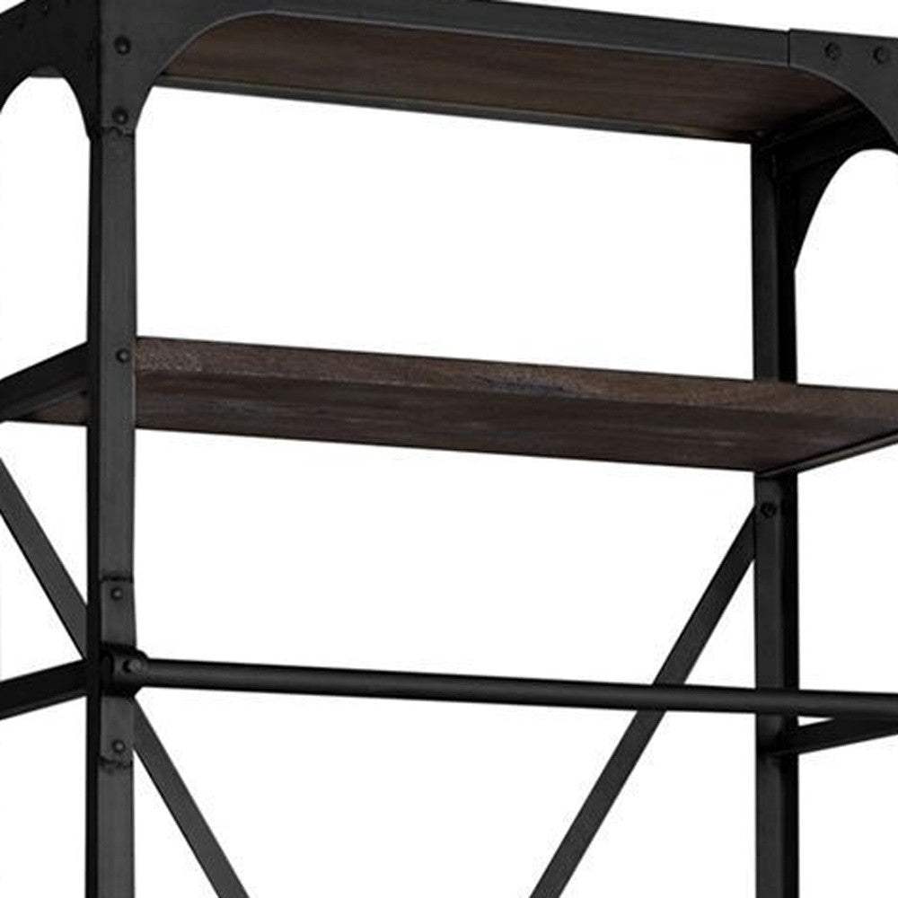 94" Black Distressed Iron and Solid Wood Five Tier Bookcase with Two Drawers - Homeroots - Flyclothing LLC