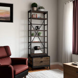 94" Black Distressed Iron and Solid Wood Five Tier Bookcase with Two Drawers - Homeroots - Flyclothing LLC