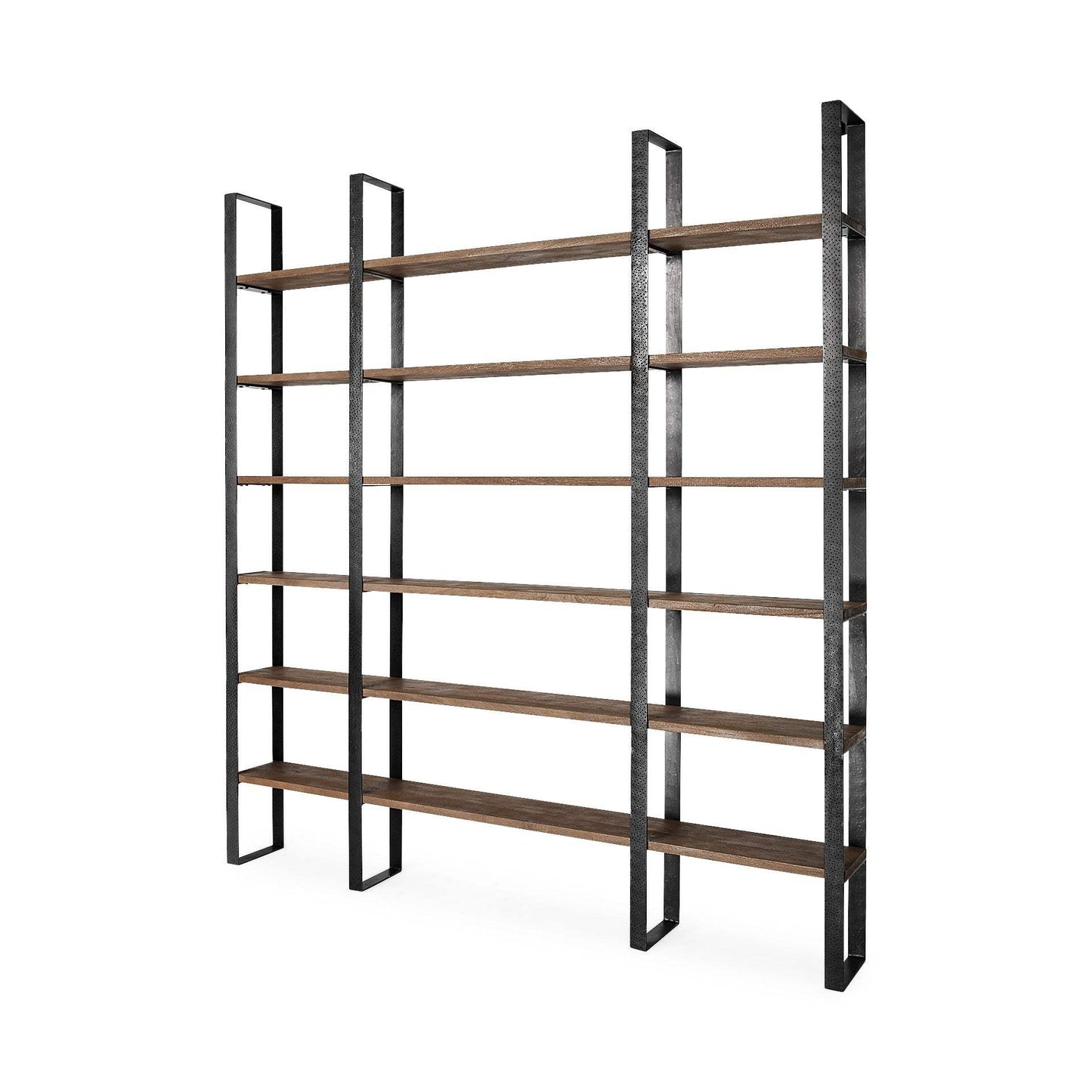 90" Brown Iron and Solid Wood Six Tier Bookcase - Homeroots - Flyclothing LLC