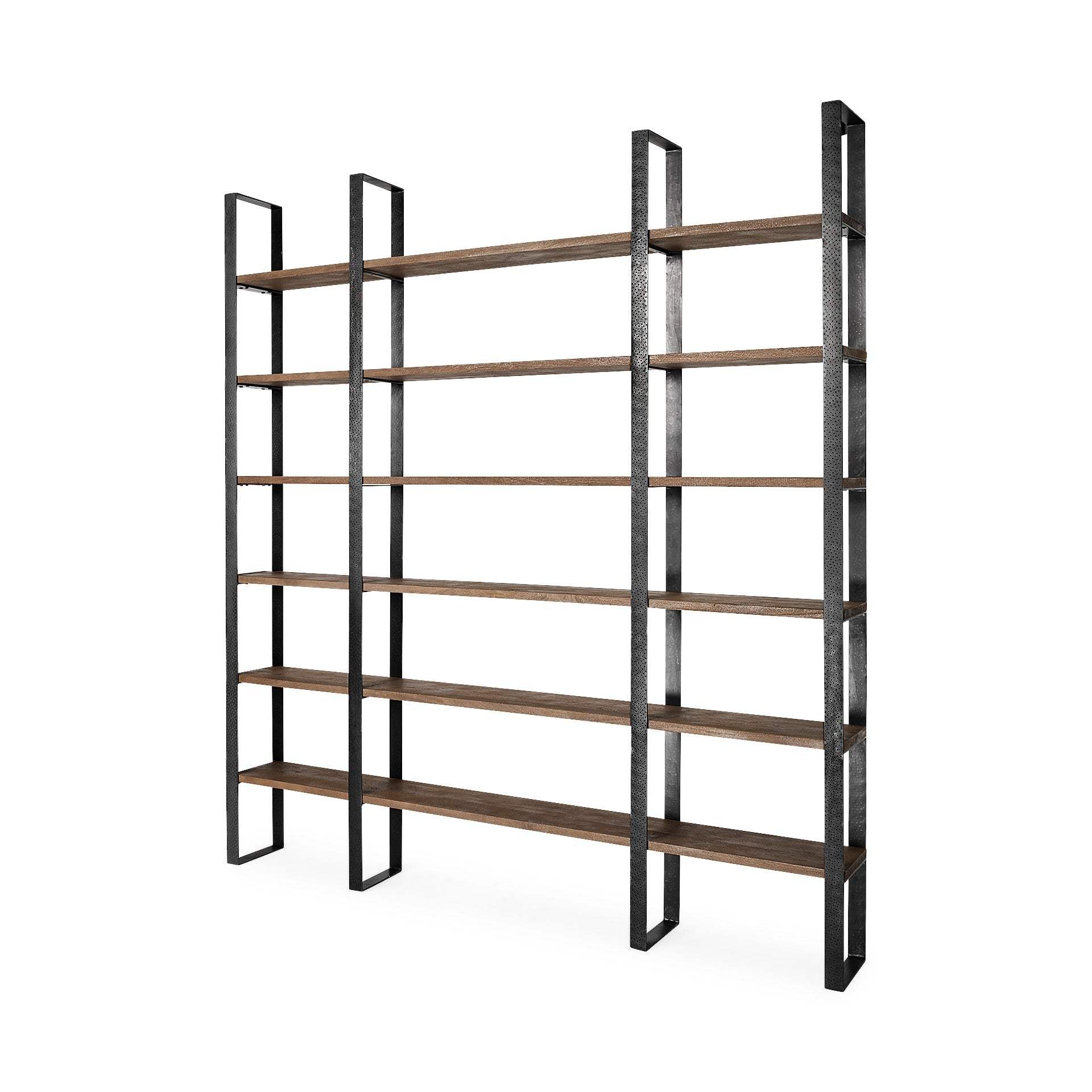 90" Brown Iron and Solid Wood Six Tier Bookcase - Homeroots - Flyclothing LLC