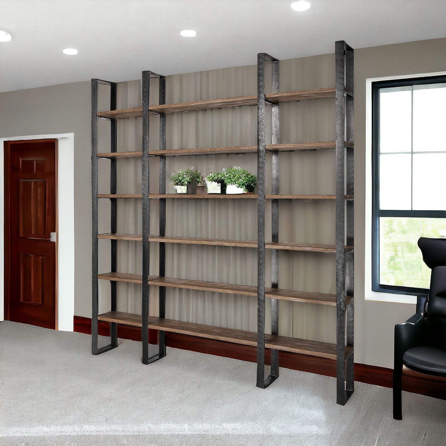90" Brown Iron and Solid Wood Six Tier Bookcase - Homeroots - Flyclothing LLC
