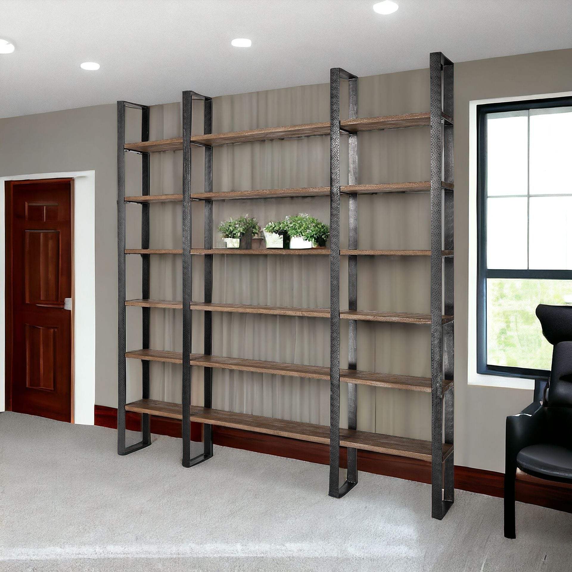 90" Brown Iron and Solid Wood Six Tier Bookcase - Homeroots - Flyclothing LLC