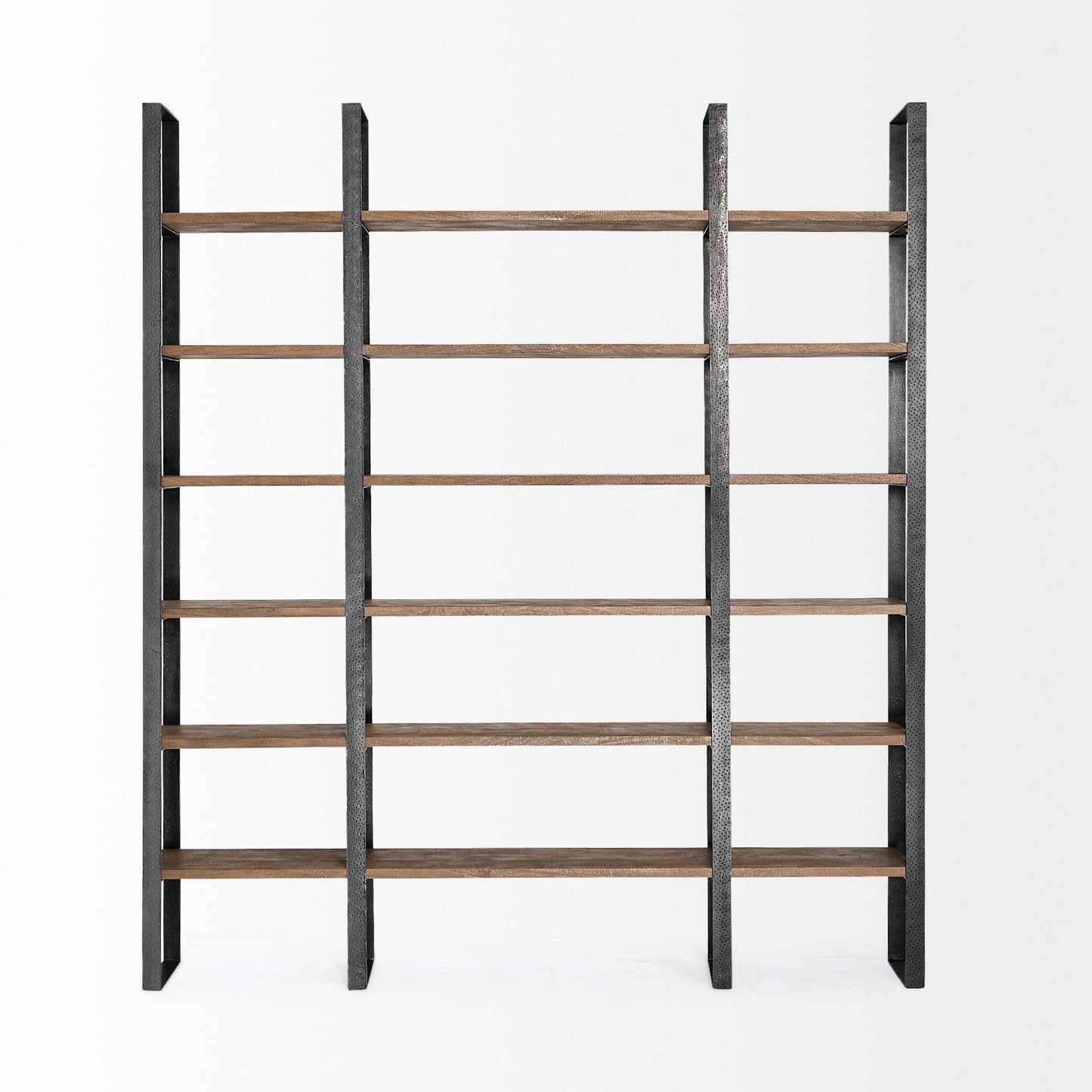 90" Brown Iron and Solid Wood Six Tier Bookcase - Homeroots - Flyclothing LLC