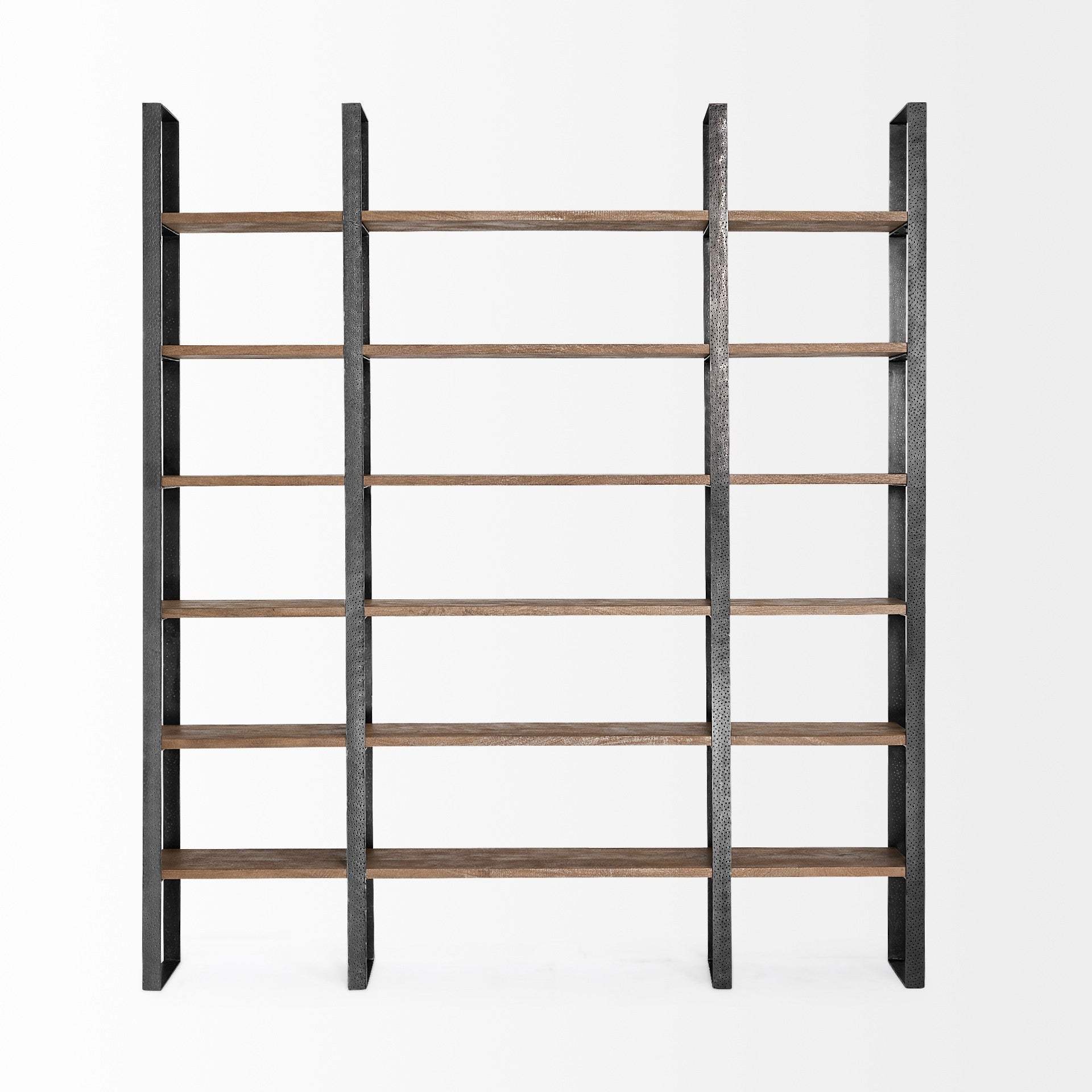 90" Brown Iron and Solid Wood Six Tier Bookcase - Homeroots - Flyclothing LLC