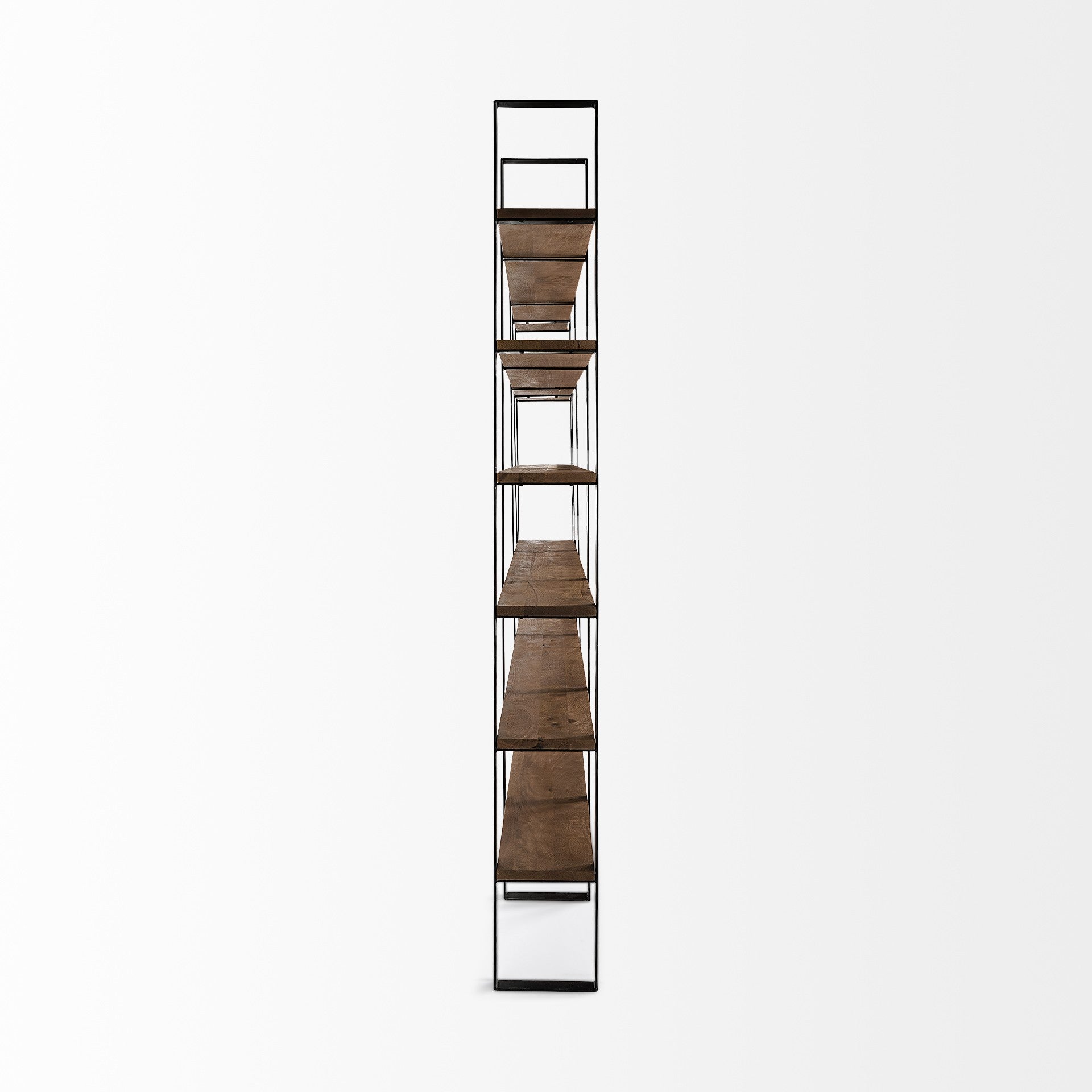 90" Brown Iron and Solid Wood Six Tier Bookcase