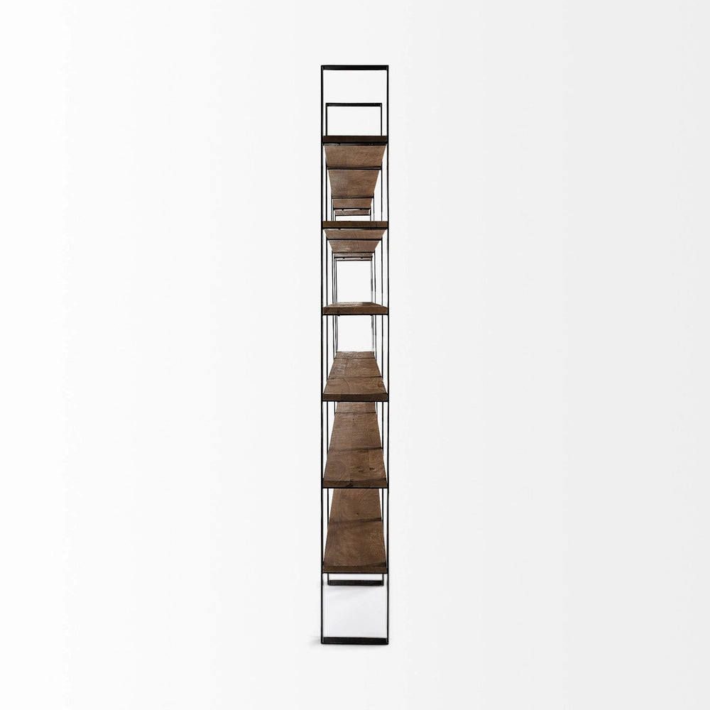 90" Brown Iron and Solid Wood Six Tier Bookcase - Homeroots