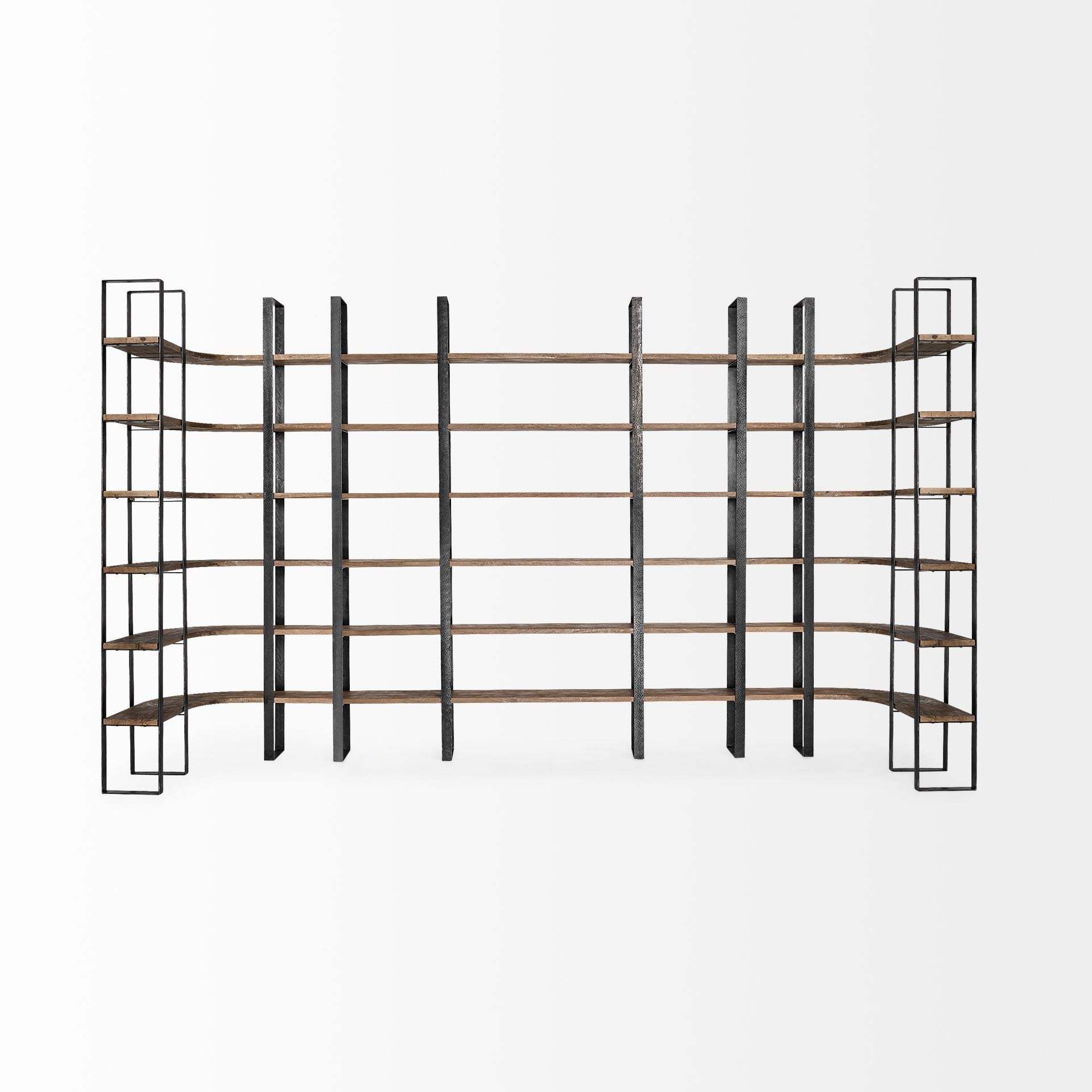 90" Brown Iron and Solid Wood Six Tier Bookcase - Homeroots - Flyclothing LLC