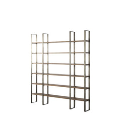 90" Gold and Natural Distressed Iron and Solid Wood Six Tier Bookcase