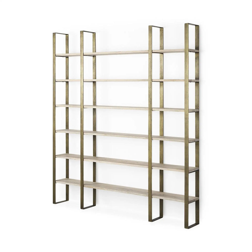 90" Gold and Natural Distressed Iron and Solid Wood Six Tier Bookcase - Homeroots