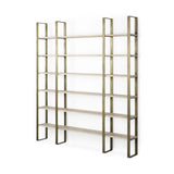 90" Gold and Natural Distressed Iron and Solid Wood Six Tier Bookcase - Homeroots