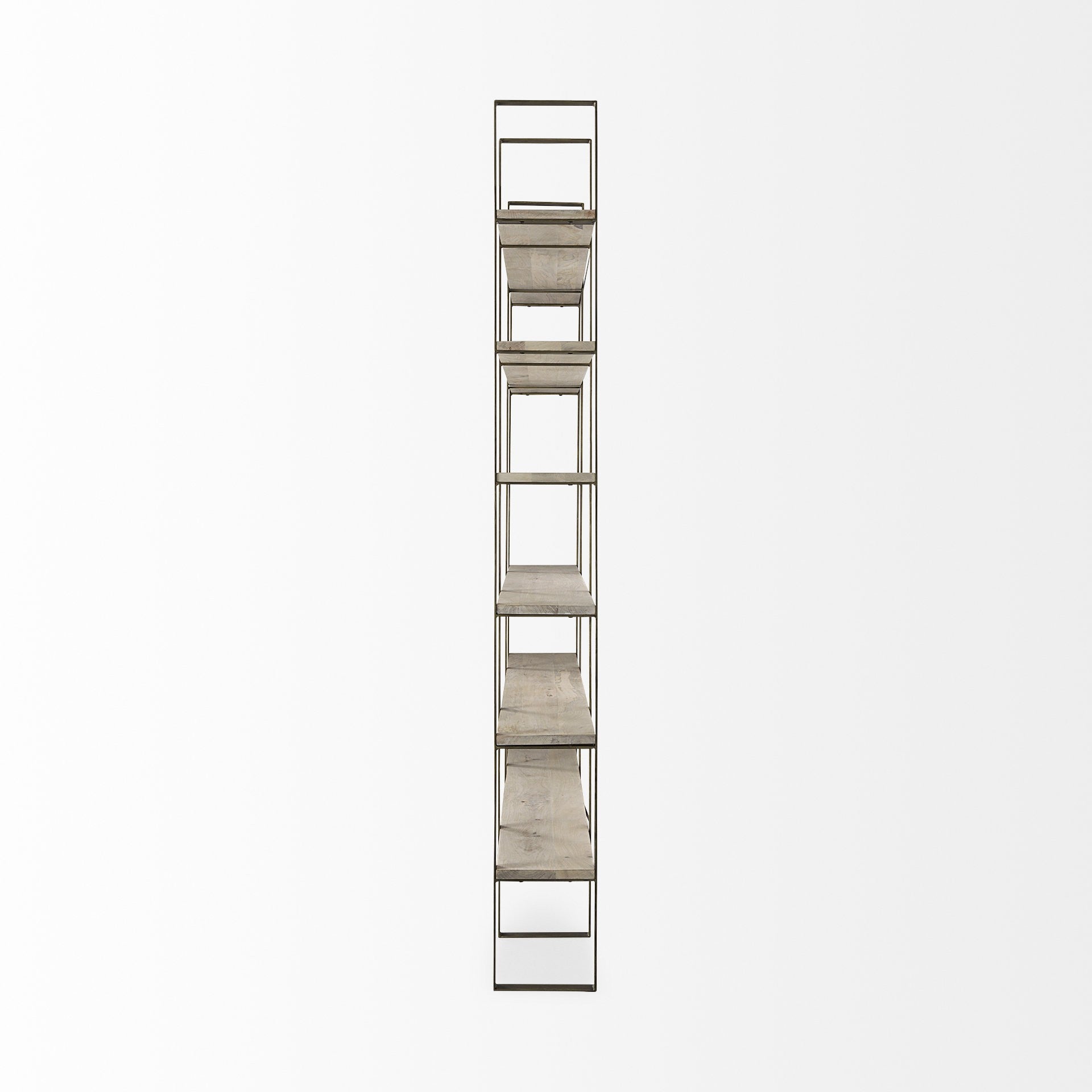 90" Gold and Natural Distressed Iron and Solid Wood Six Tier Bookcase
