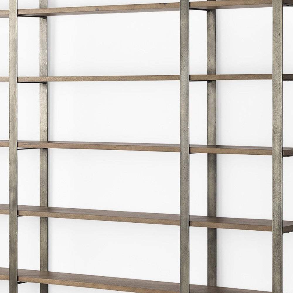 90" Brown Distressed Metal and Solid Wood Six Tier Bookcase - Homeroots - Flyclothing LLC