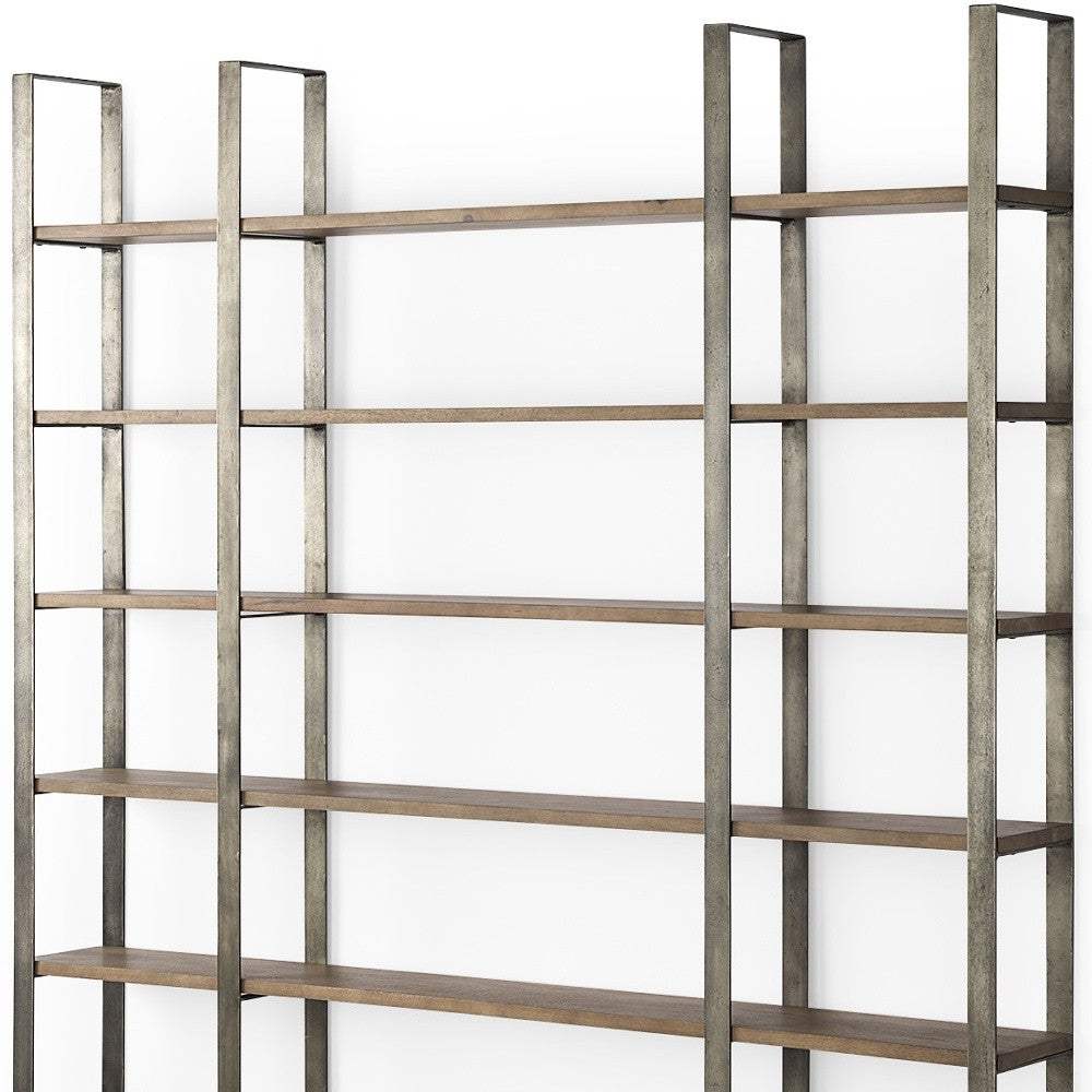 90" Brown Distressed Metal and Solid Wood Six Tier Bookcase - Homeroots - Flyclothing LLC