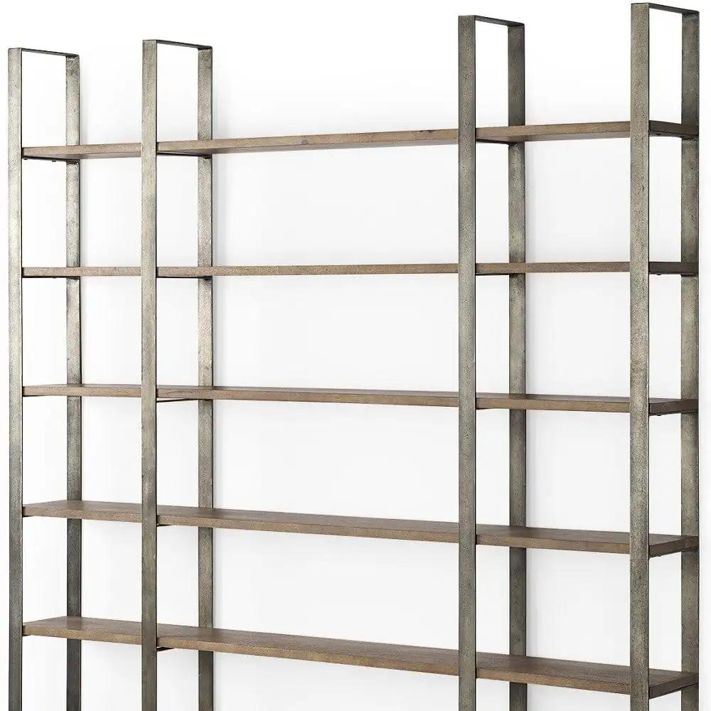 90" Brown Distressed Metal and Solid Wood Six Tier Bookcase - Homeroots