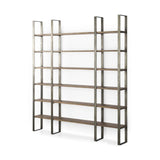 90" Brown Distressed Metal and Solid Wood Six Tier Bookcase - Homeroots