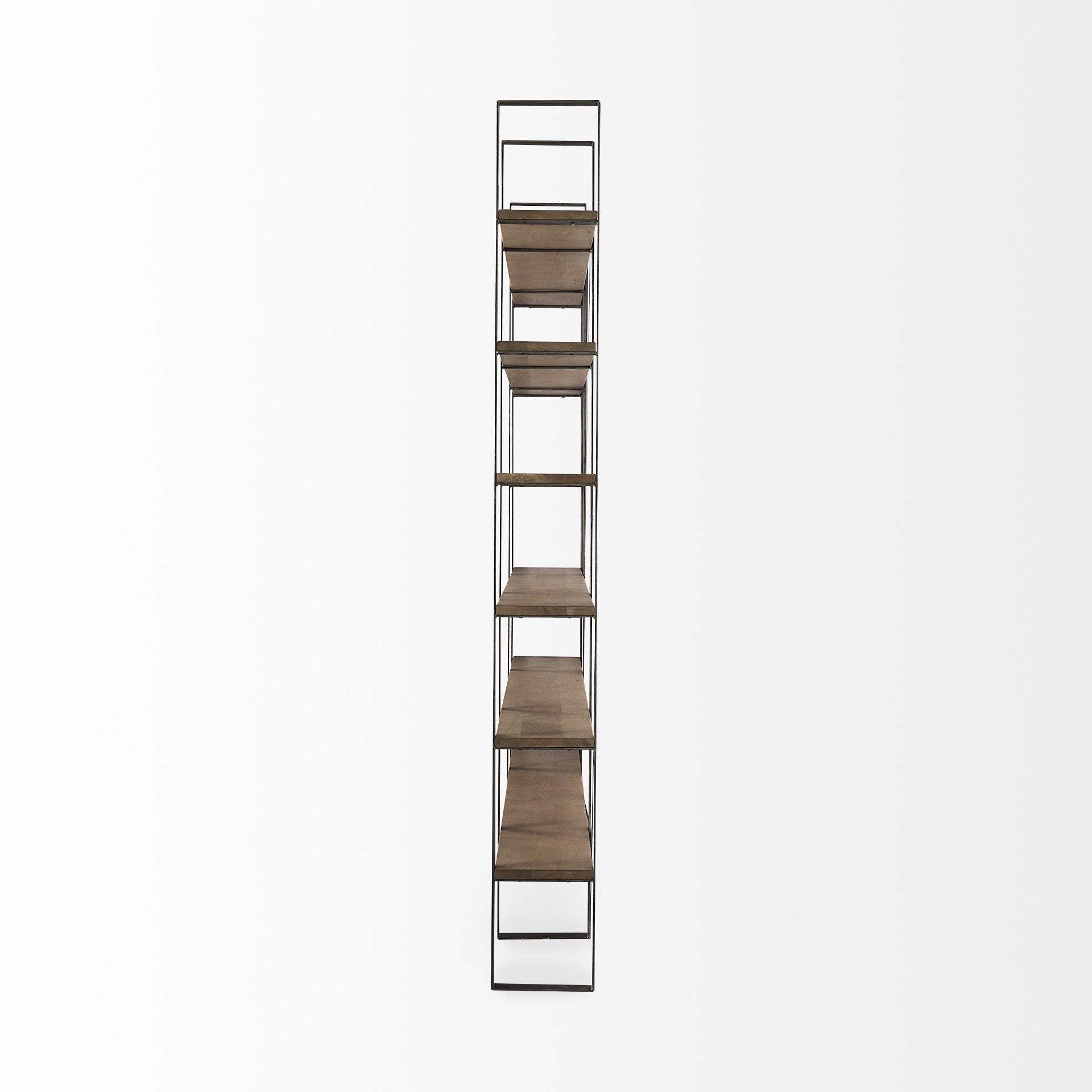90" Brown Distressed Metal and Solid Wood Six Tier Bookcase - Homeroots - Flyclothing LLC