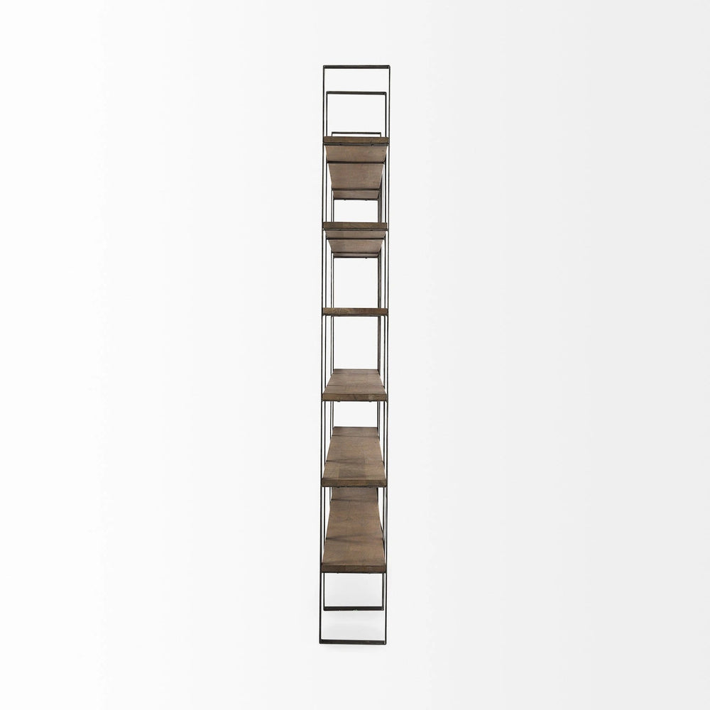 90" Brown Distressed Metal and Solid Wood Six Tier Bookcase - Homeroots