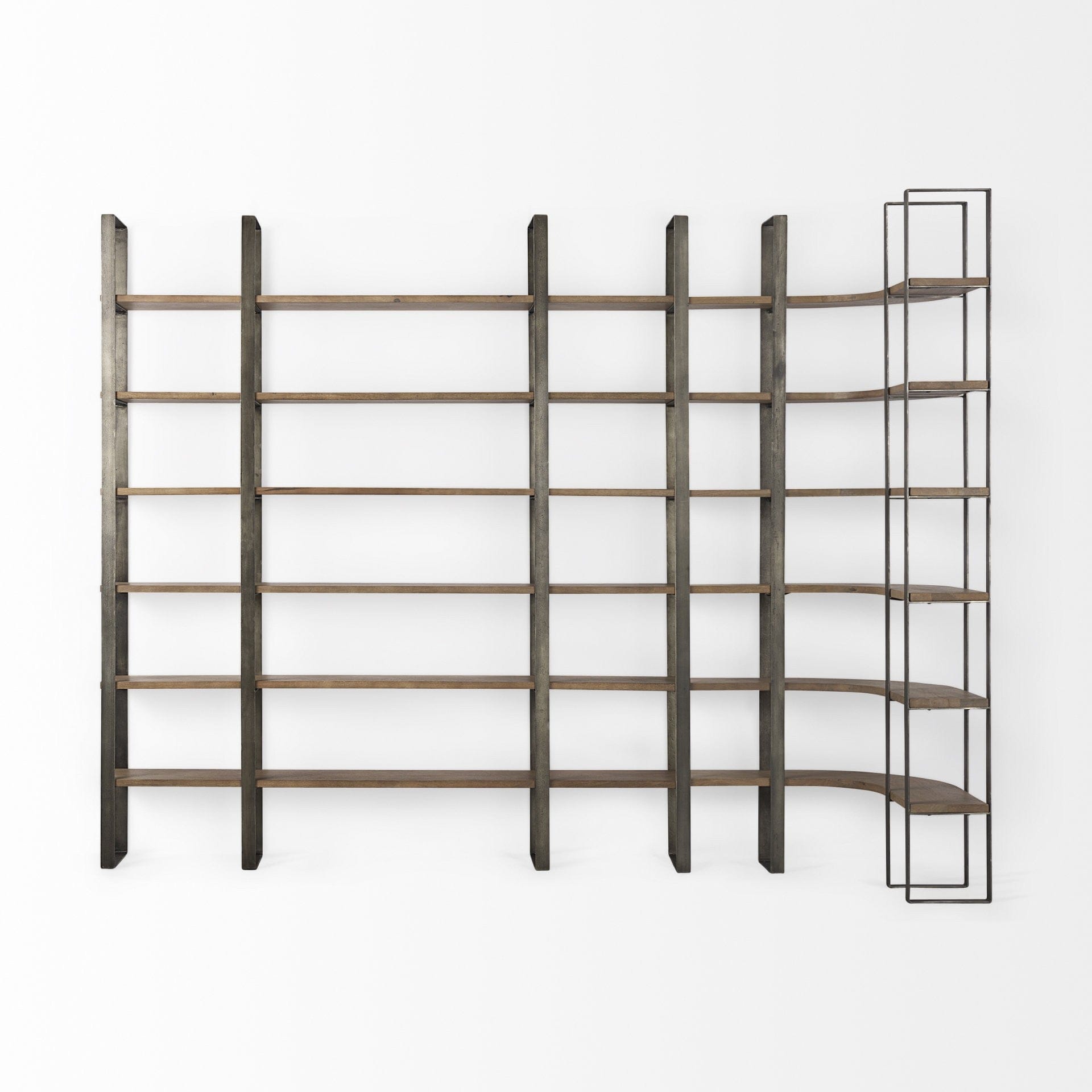 90" Brown Distressed Metal and Solid Wood Six Tier Bookcase - Homeroots