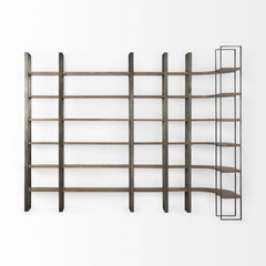 90" Brown Distressed Metal and Solid Wood Six Tier Bookcase - Homeroots