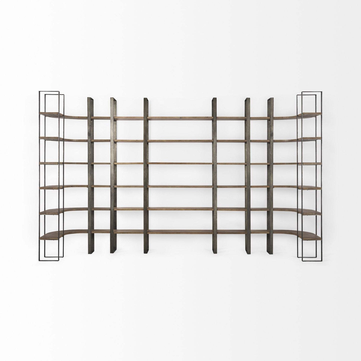 90" Brown Distressed Metal and Solid Wood Six Tier Bookcase - Homeroots - Flyclothing LLC