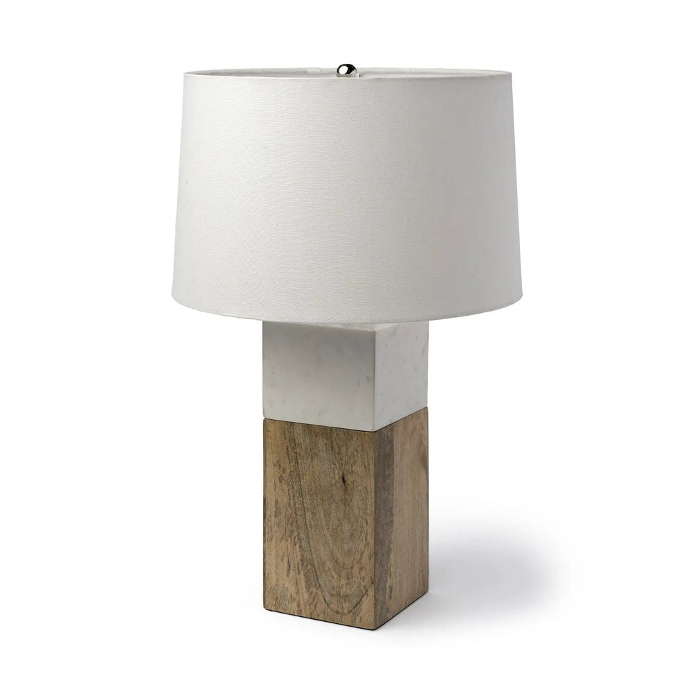 White Marble And Natural Wood Block Table Or Desk Lamp - Homeroots