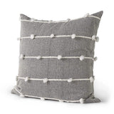 20" Gray and White Striped Linen Throw Pillow Cover With Embroidery and Pom Poms - Homeroots - Flyclothing LLC
