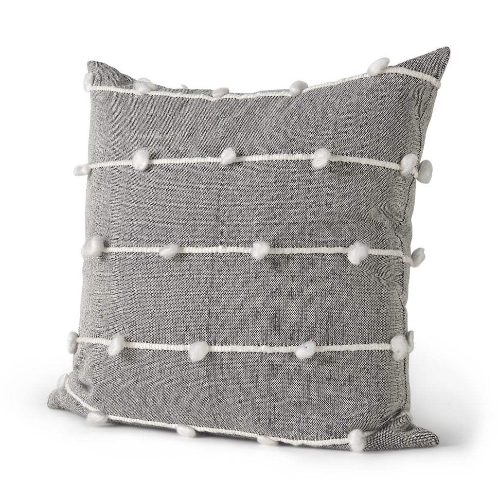 20" Gray and White Striped Linen Throw Pillow Cover With Embroidery and Pom Poms - Homeroots - Flyclothing LLC