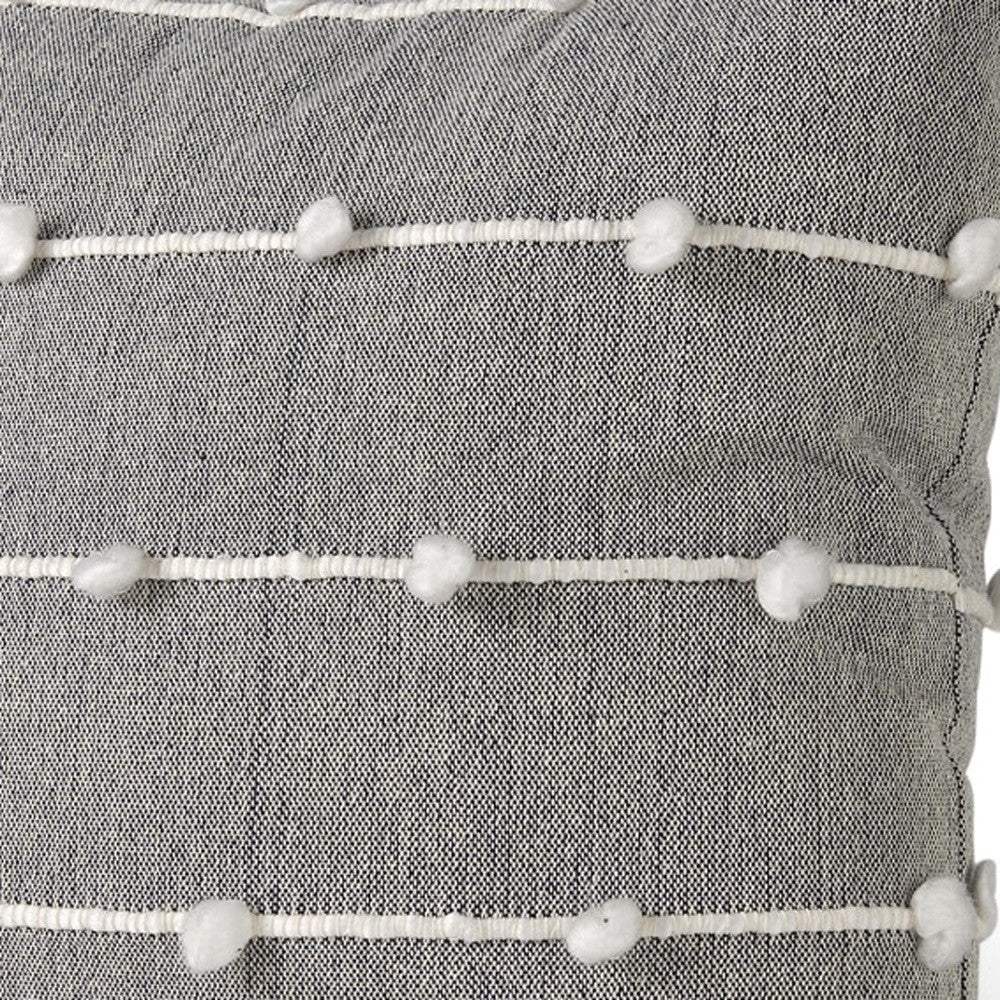 20" Gray and White Striped Linen Throw Pillow Cover With Embroidery and Pom Poms - Homeroots - Flyclothing LLC