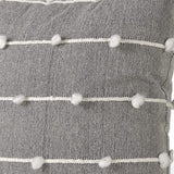 20" Gray and White Striped Linen Throw Pillow Cover With Embroidery and Pom Poms - Homeroots - Flyclothing LLC
