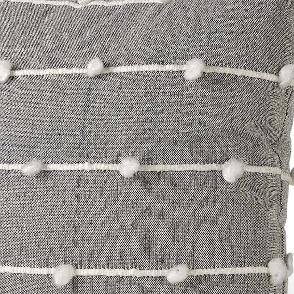 20" Gray and White Striped Linen Throw Pillow Cover With Embroidery and Pom Poms - Homeroots
