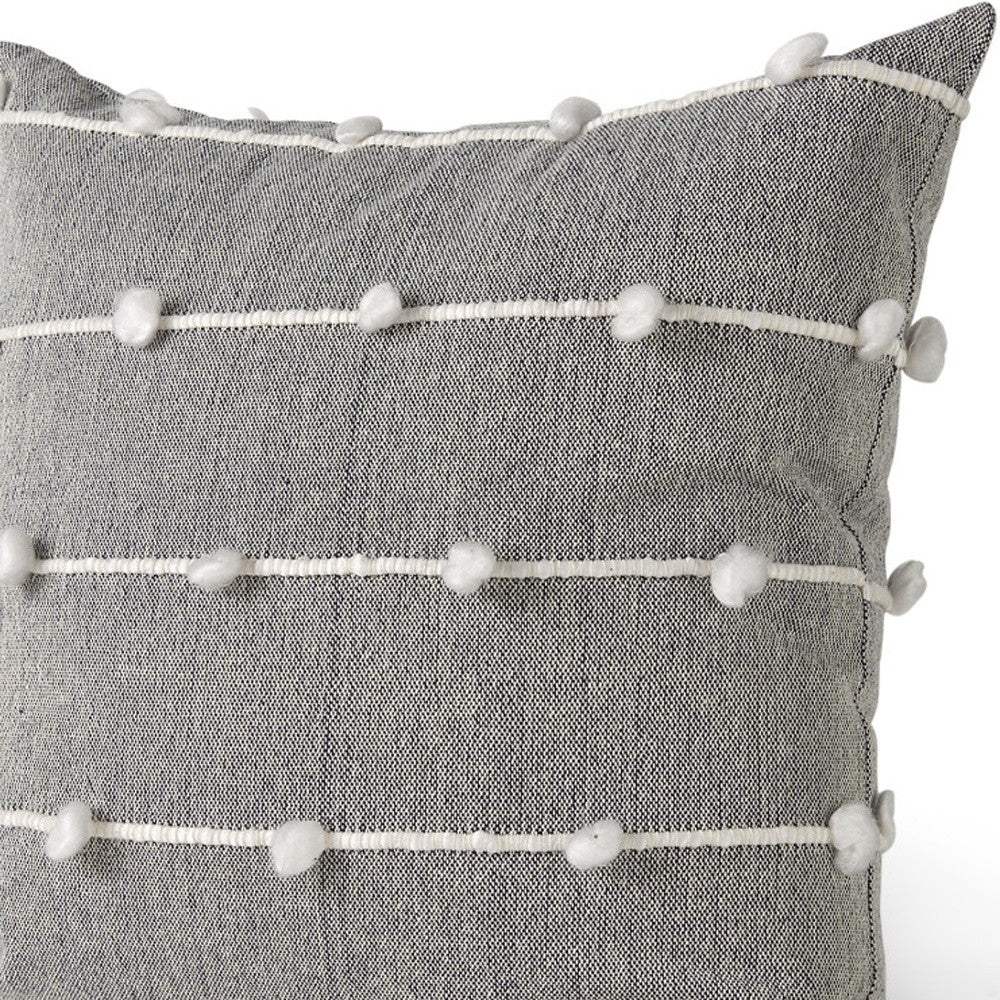 20" Gray and White Striped Linen Throw Pillow Cover With Embroidery and Pom Poms - Homeroots - Flyclothing LLC