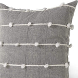 20" Gray and White Striped Linen Throw Pillow Cover With Embroidery and Pom Poms - Homeroots - Flyclothing LLC