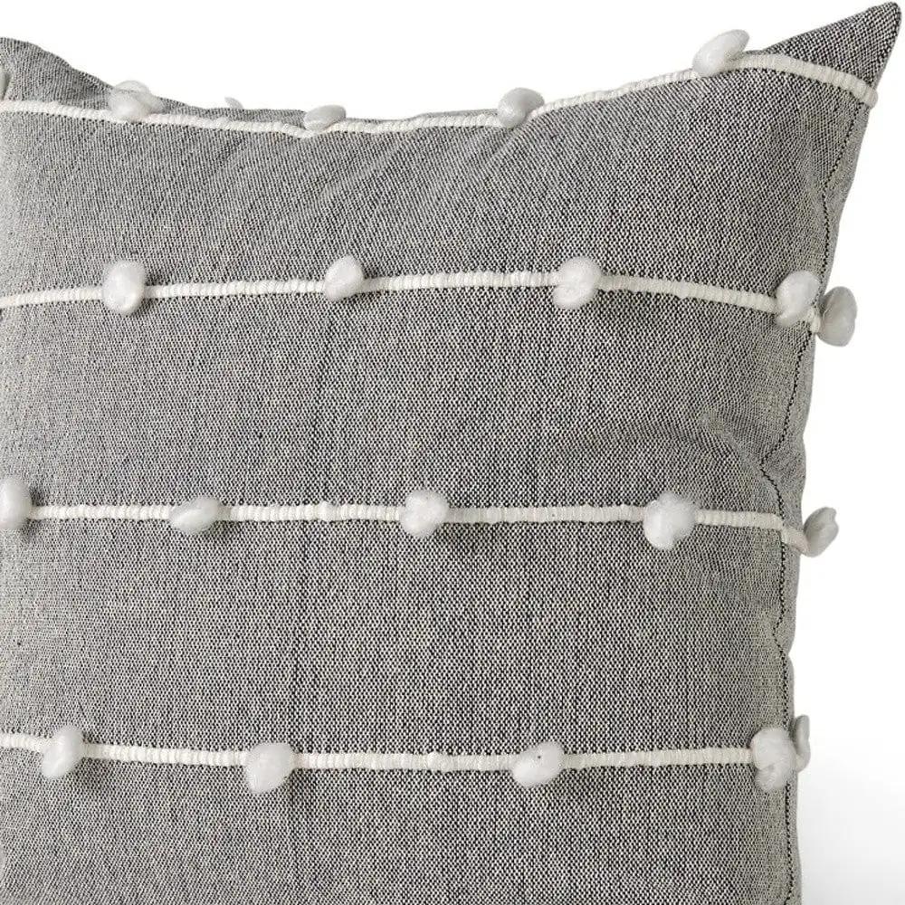 20" Gray and White Striped Linen Throw Pillow Cover With Embroidery and Pom Poms - Homeroots