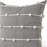 20" Gray and White Striped Linen Throw Pillow Cover With Embroidery and Pom Poms - Homeroots
