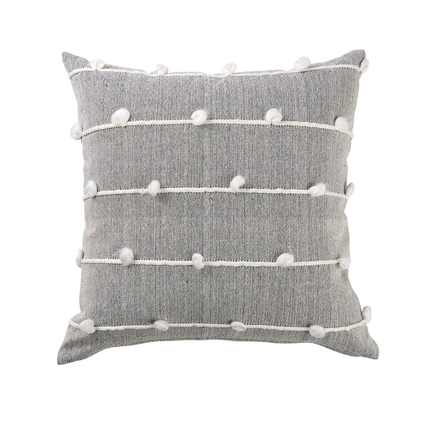 20" Gray and White Striped Linen Throw Pillow Cover With Embroidery and Pom Poms - Homeroots - Flyclothing LLC