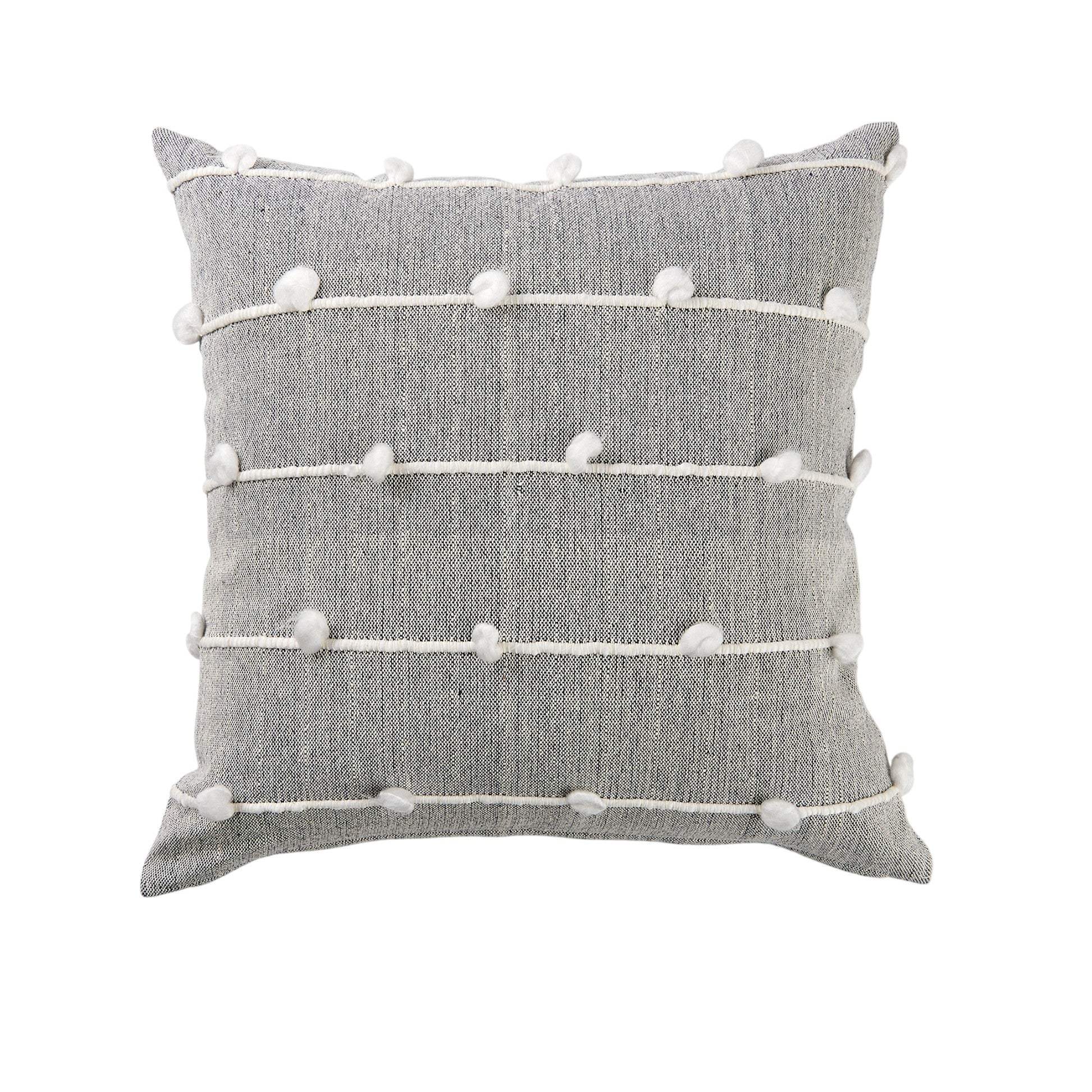 20" Gray and White Striped Linen Throw Pillow Cover With Embroidery and Pom Poms - Homeroots - Flyclothing LLC