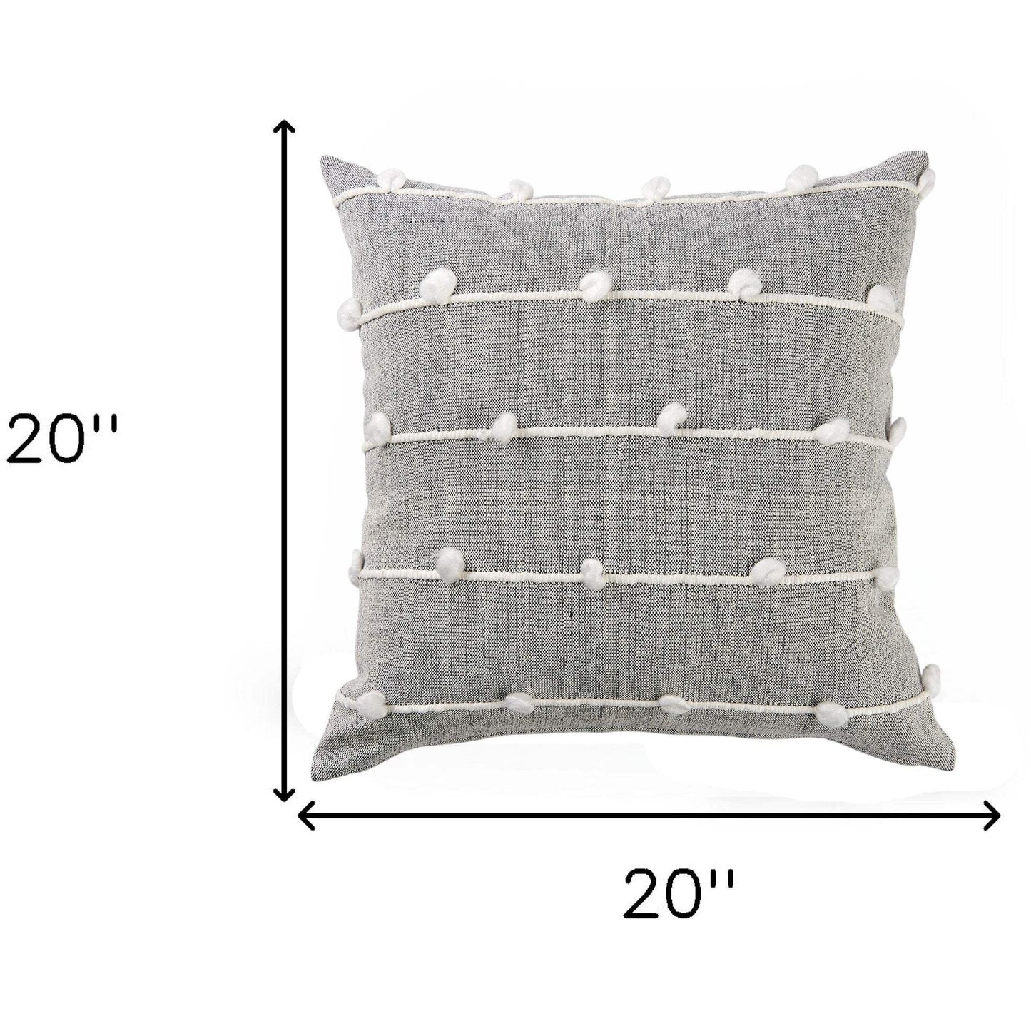 20" Gray and White Striped Linen Throw Pillow Cover With Embroidery and Pom Poms - Homeroots - Flyclothing LLC