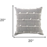 20" Gray and White Striped Linen Throw Pillow Cover With Embroidery and Pom Poms - Homeroots - Flyclothing LLC