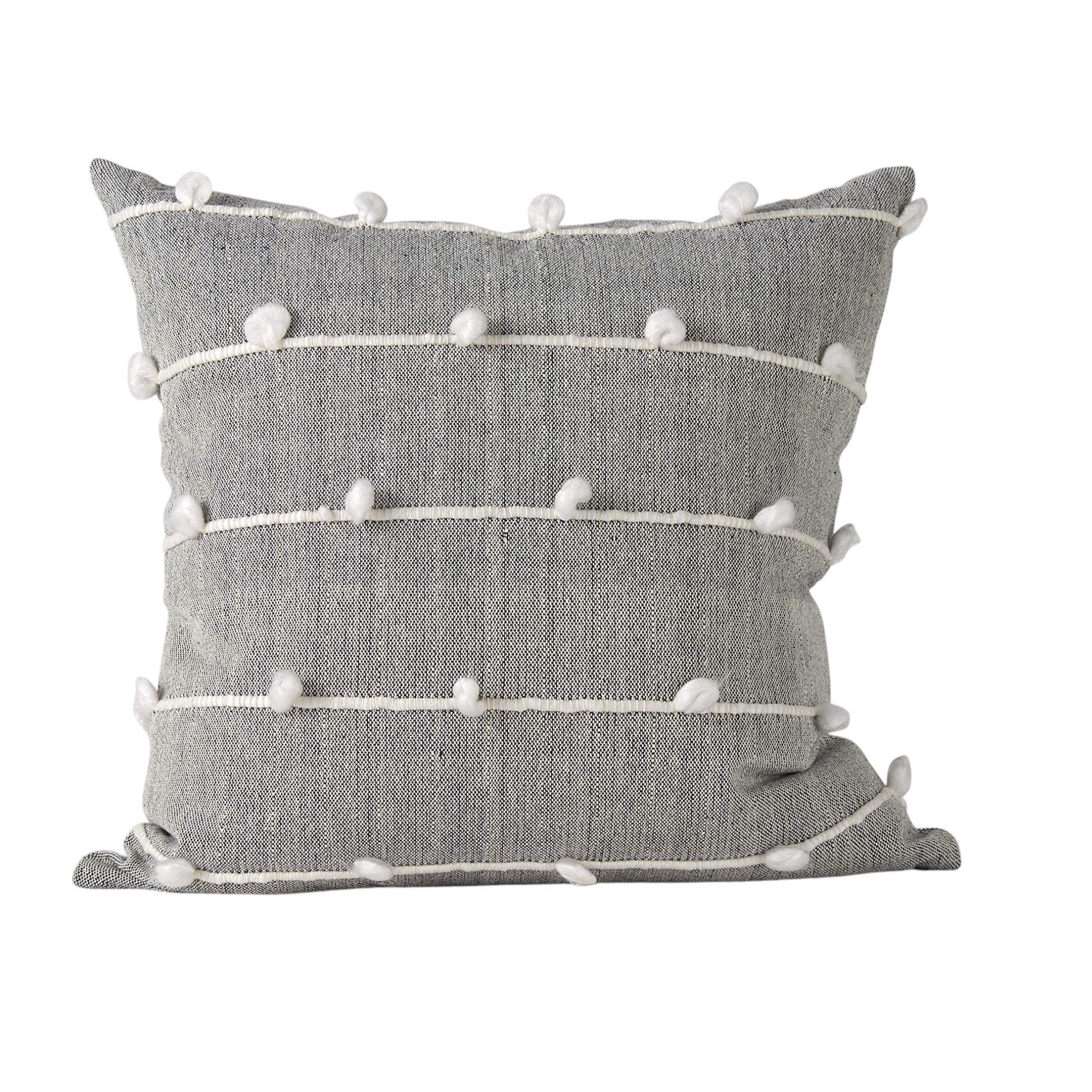 20" Gray and White Striped Linen Throw Pillow Cover With Embroidery and Pom Poms - Homeroots - Flyclothing LLC