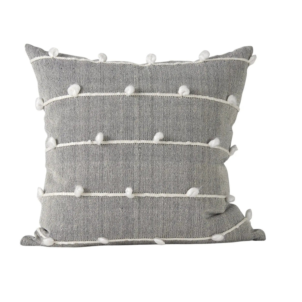 20" Gray and White Striped Linen Throw Pillow Cover With Embroidery and Pom Poms - Homeroots