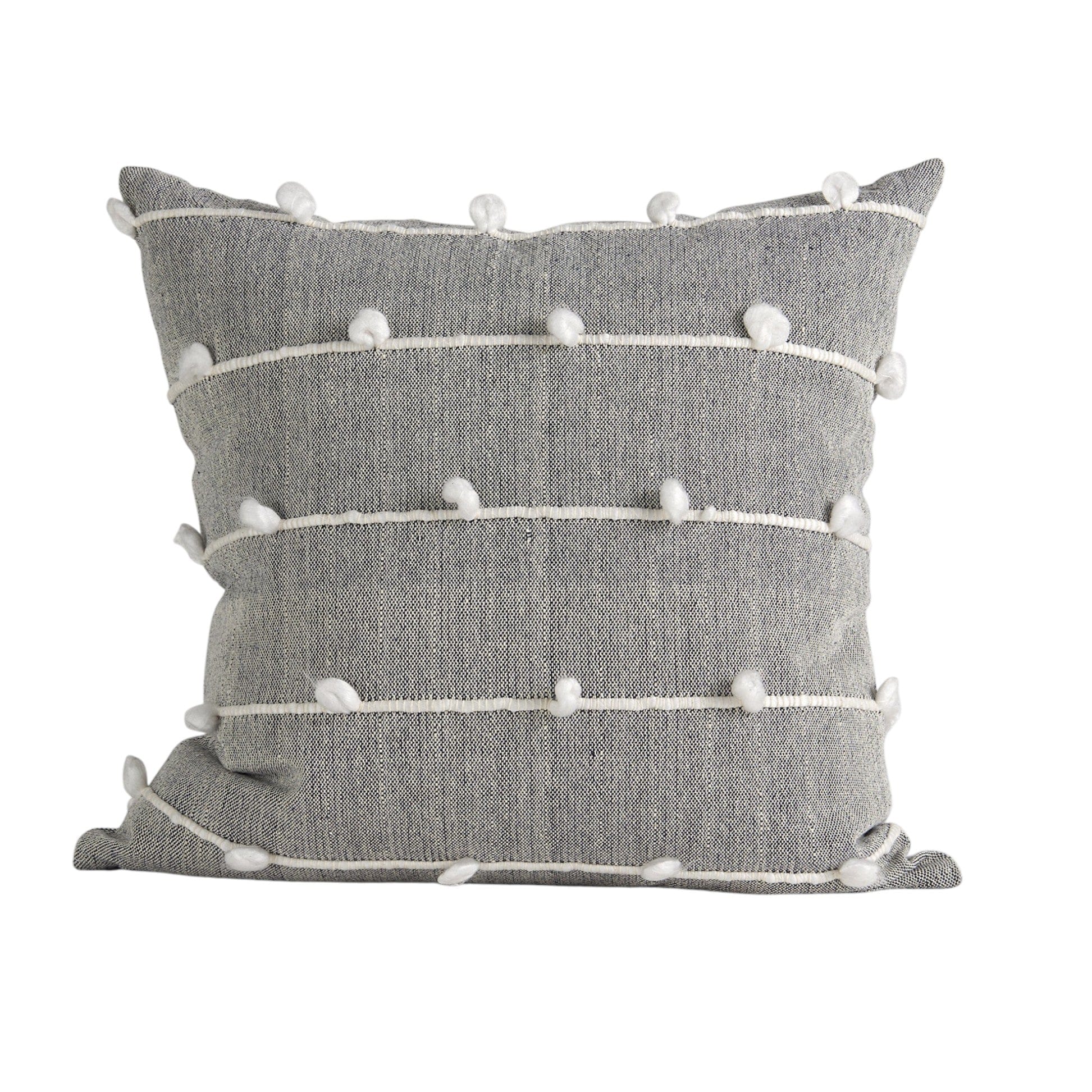 20" Gray and White Striped Linen Throw Pillow Cover With Embroidery and Pom Poms - Homeroots - Flyclothing LLC