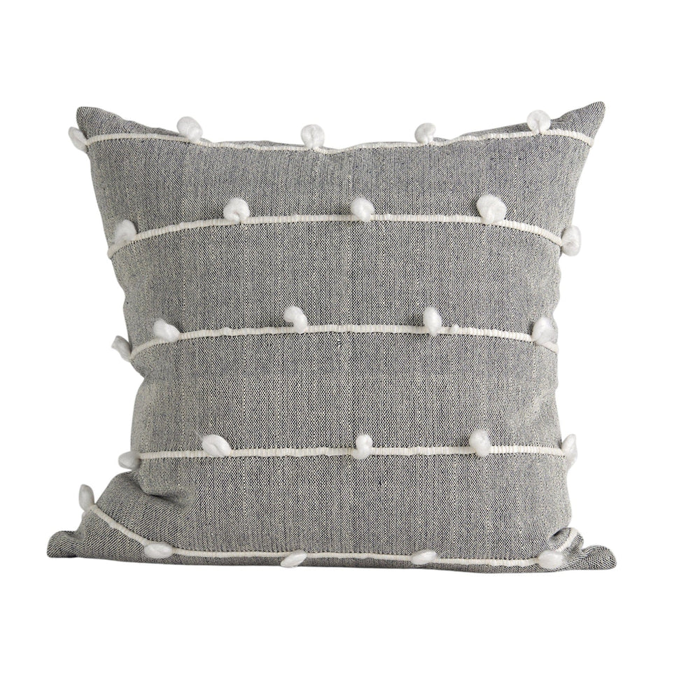 20" Gray and White Striped Linen Throw Pillow Cover With Embroidery and Pom Poms - Homeroots