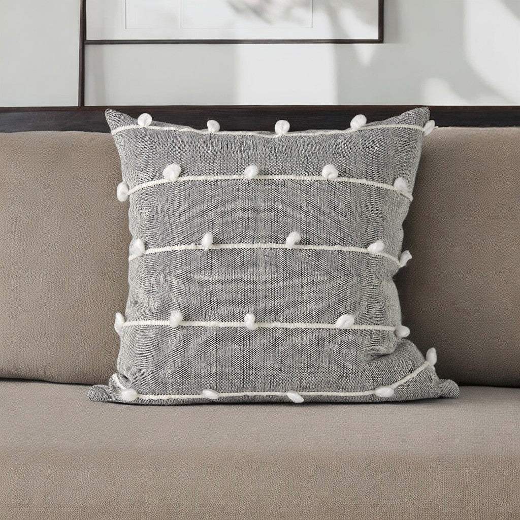 20" Gray and White Striped Linen Throw Pillow Cover With Embroidery and Pom Poms - Homeroots - Flyclothing LLC