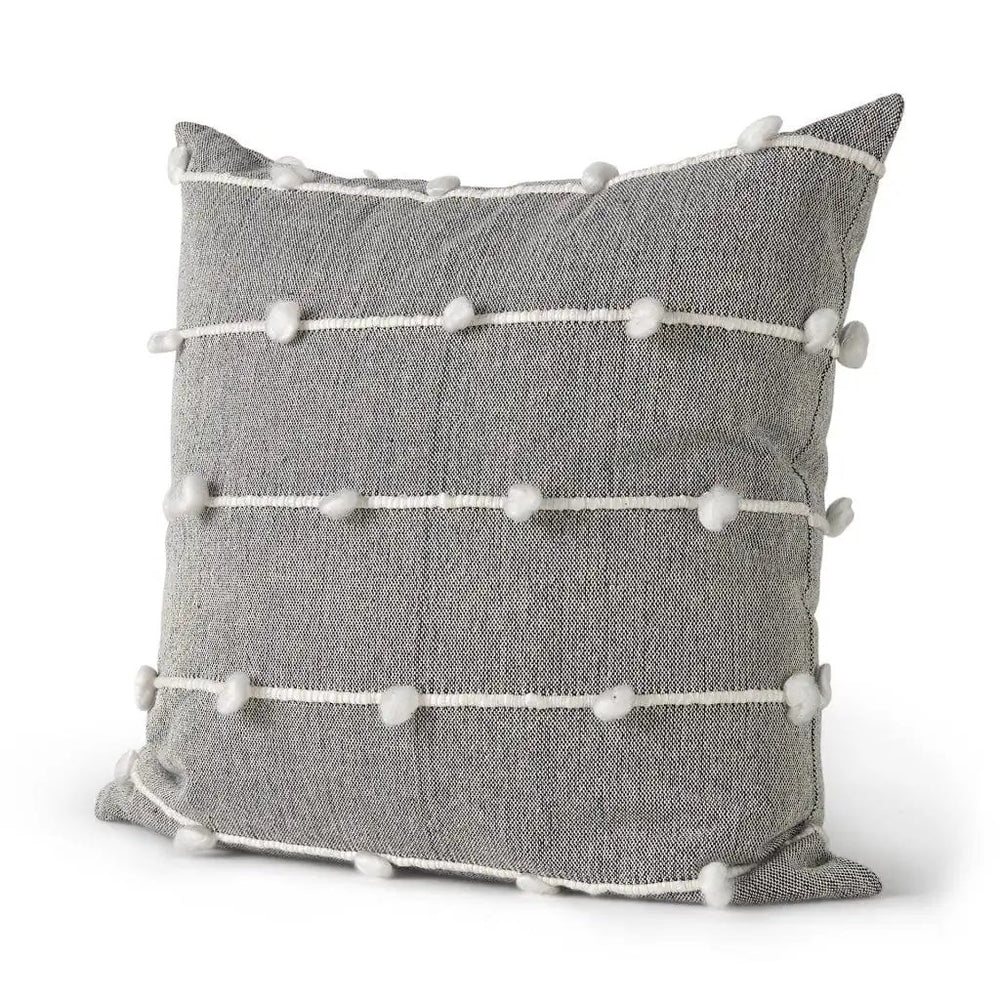 20" Gray and White Striped Linen Throw Pillow Cover With Embroidery and Pom Poms - Homeroots