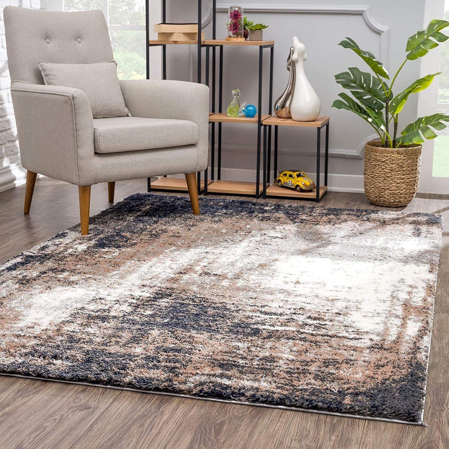 7' X 9' Ivory And Navy Retro Modern Area Rug - Homeroots - Flyclothing LLC