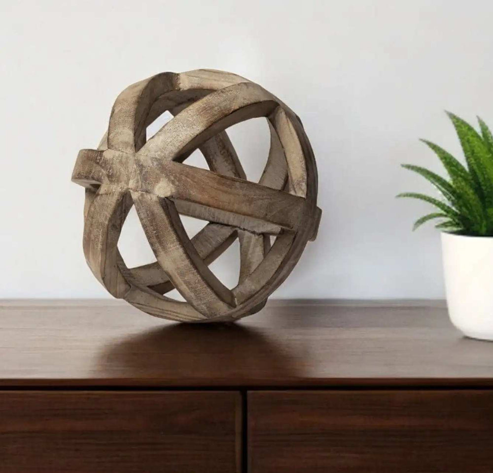 Brown Wooden Hollow Orb Sculpture - Homeroots - Flyclothing LLC